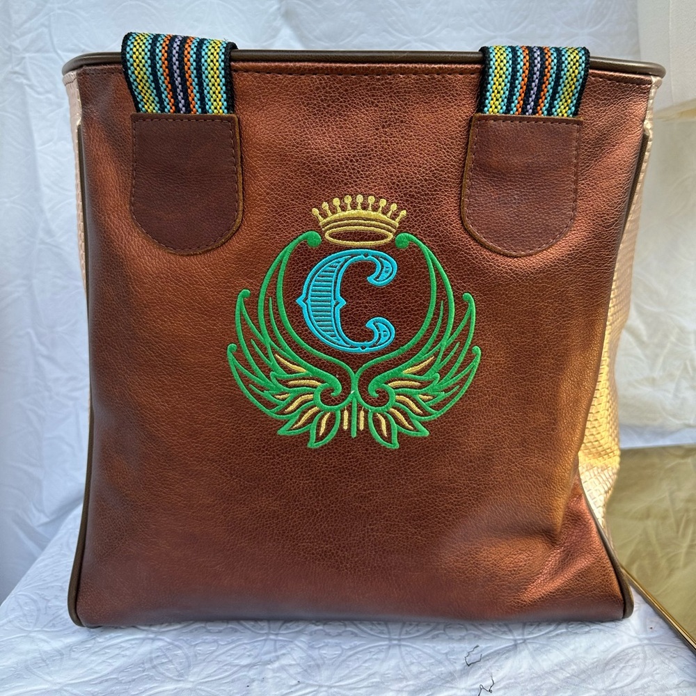 Consuela Brown Tote with Embroidered Design